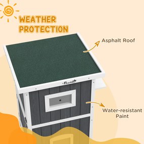 PawHut Casă Exterior Pisici din Lemn, 2 Niveluri, Bază Detașabilă, Uși Evacuare, Acoperiș Asfalt, 60x60x90.5 cm, Gri | Aosom Romania
