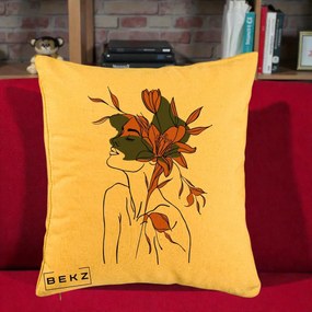 Perna Decorativa Portret Feminin Crin Auriu, 40x40 cm, Galben, Husa Detasabila, Perna Inclusa, BEKZ®