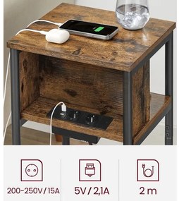 Măsuță laterală ROD cu prize integrate și porturi USB, maro/negru
