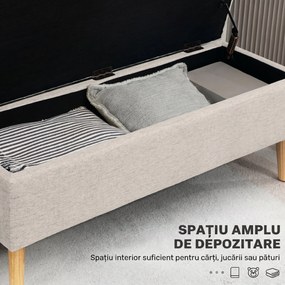 HOMCOM bancă cu spațiu de depozitare 110 x 39 x 45 cm din material cu aspect de in, picioare din lemn de cauciuc, capacitate 220 kg, bej | Aosom Romania