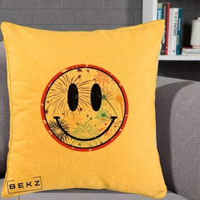 Perna Decorativa Smiley Face cu Artificii Multicolore, 40x40 cm, Galben, Husa Detasabila, Perna Inclusa, BEKZ®