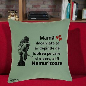 Cadou pentru Mama - Perna Personalizata Mama Nemuritoare Gravura Vintage, 40x40 cm, Verde, Husa Detasabila, Perna Inclusa, BEKZ®