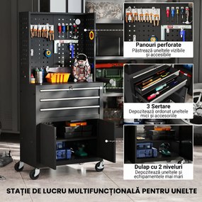 HOMCOM Cărucior de Scule din Oțel cu Blat de Lucru, 3 Sertare, Dulap, Panouri Perforate, Roți, Negru | Aosom Romania