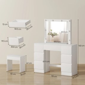 HOMCOM Masă de Machiaj cu Oglindă, 8 Lumini LED, Scaun și 7 Sertare Alb | Aosom Romania
