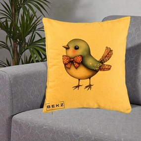 Perna Decorativa Pasare Bleu cu Fundita Rosie, 40x40 cm, Galben, Husa Detasabila, Perna Inclusa, BEKZ®