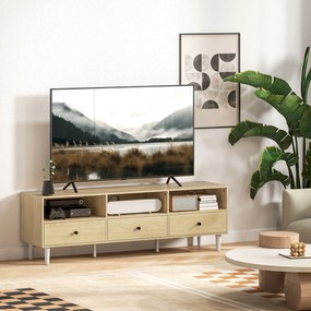 HOMCOM Mobilier TV pentru până la 75", cu 3 sertare, 3 rafturi deschise și canal pentru cabluri, 140 x 34 x 45 cm, lemn natural | Aosom Romania