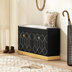 BAN247 - Bancuta hol 99 cm, banca pantofar, depozitare pantofi - Negru - Auriu