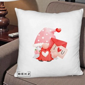 Cadou Romantic - Perna Personalizata I Love You Gnome Valentine cu Scrisoare, 40x40 cm, Alb Pufos, Husa Detasabila, Perna Inclusa, BEKZ®