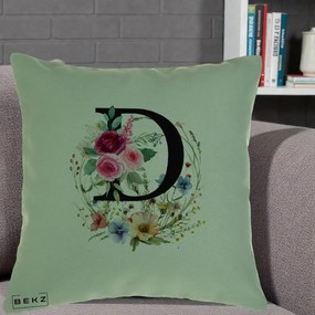 Cadou Personalizat - Perna Personalizata Monogram Litera D cu Flori Acuarela, 40x40 cm, Verde, Husa Detasabila, Perna Inclusa, BEKZ®