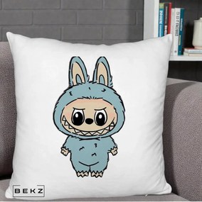 Perna Personalizata Labubu Albastru-Gri Solo, 40x40 cm, Alb Pufos, Husa Detasabila, Perna Inclusa, BEKZ®
