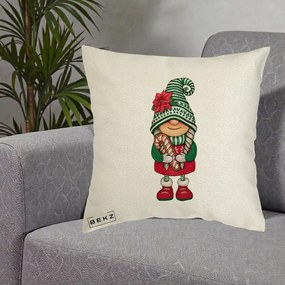 Perna Decorativa Gnom Craciun Verde cu Bomboane si Floare, 40x40 cm, Ecru, Husa Detasabila, Perna Inclusa, BEKZ®