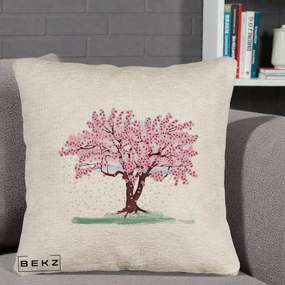 Perna Decorativa Cires Inflorit Acuarela, 40x40 cm, Bej Canapea, Husa Detasabila, Perna Inclusa, BEKZ®