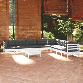 3096810 vidaXL Set mobilier grădină cu perne, 9 piese, alb, lemn masiv pin