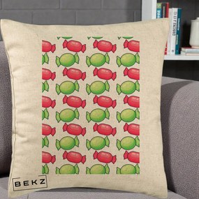 Perna Decorativa Bomboane Craciun Pattern, 40x40 cm, Bej, Husa Detasabila, Perna Inclusa, BEKZ®