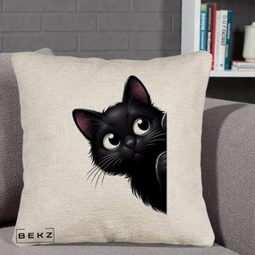Perna Decorativa Pisica Neagra Dragalasa Curioasa, 40x40 cm, Bej Canapea, Husa Detasabila, Perna Inclusa, BEKZ®
