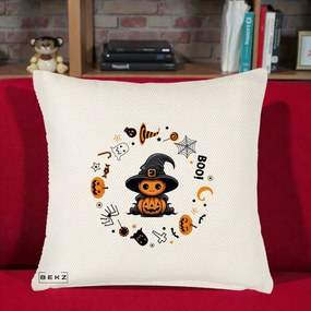 Perna Decorativa Halloween Dovleac Vrajitor Boo cu Simboluri, 40x40 cm, Crem Reliefat, Husa Detasabila, Perna Inclusa, BEKZ®