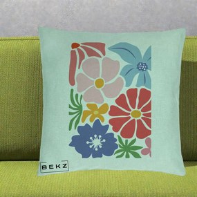 Perna Decorativa Flori Grafice Roz-Rosu-Albastru, 40x40 cm, Verde Menta, Husa Detasabila, Perna Inclusa, BEKZ®