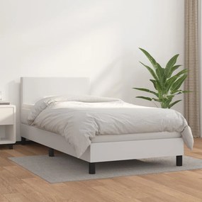 vidaXL Pat box spring cu saltea, alb, 90x190 cm, piele ecologică