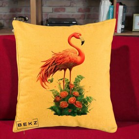 Perna Decorativa Flamingo cu Trandafiri Tropicali, 40x40 cm, Galben, Husa Detasabila, Perna Inclusa, BEKZ®