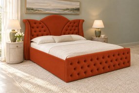 Pat tapițat Chesterfield din catifea Velora 140×200 cm, cărămiziu, cu ladă de depozitare
