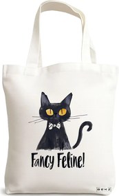 Sacosa de Panza pentru Cumparaturi, Geanta Tote, model Fancy Feline 38 x 34.5 cm, Alba, BEKZ®