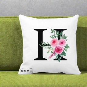 Cadou Personalizat - Perna Personalizata Monograma Florala Litera H cu Trandafiri Roz, 40x40 cm, Alba Mata, Husa Detasabila, Perna Inclusa, BEKZ®