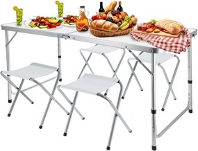 Set mobilier de camping pliabil, Jumi, alb, masă cu picioare reglabile și 4 tabureți