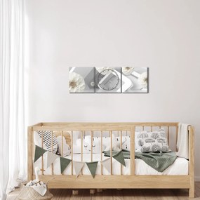 Tablou abstract cu flori albe (cu ceas) (90x30 cm)