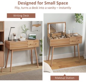 HOMCOM Masă de Toaletă pentru Machiaj cu Oglindă Rabatabilă și Lumini LED, Stație de Machiaj cu 3 Sertare, Compartimente Interne și Picioare din Pin, Masă de Toaletă pentru Dormitor, Modernă, 100x40x87 cm, Culoare Nuc | Aosom Romania
