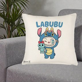 Perna Personalizata Labubu x Stitch cu Flori, 40x40 cm, Crem Reliefat, Husa Detasabila, Perna Inclusa, BEKZ®