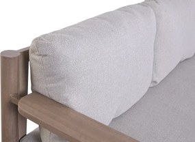 Set lounge exterior premium din aluminiu cu finisaj lemn, canapea, 2 fotolii și măsuță cu perne din olefină, „Cortina”