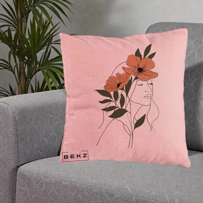 Perna Decorativa Portret Feminin Doua Maci Terracotta, 40x40 cm, Roz, Husa Detasabila, Perna Inclusa, BEKZ®