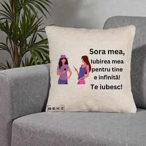 Cadou pentru Sora - Perna Personalizata Sora Mea Te Iubesc Doua Fete cu Telefoane, 40x40 cm, Bej Canapea, Husa Detasabila, Perna Inclusa, BEKZ®