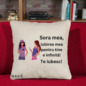 Cadou pentru Sora - Perna Personalizata Sora Mea Te Iubesc Doua Fete cu Telefoane, 40x40 cm, Bej Canapea, Husa Detasabila, Perna Inclusa, BEKZ®