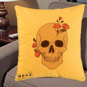 Perna Decorativa Craniu Floral Gothic, 40x40 cm, Galben, Husa Detasabila, Perna Inclusa, BEKZ®