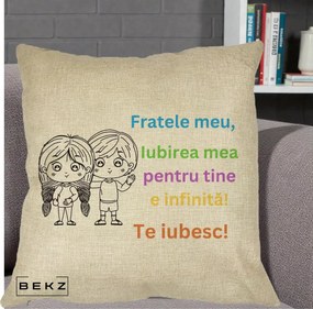 Cadou pentru Frate - Perna Personalizata Fratele Meu Te Iubesc Copii Anime Colorat, 40x40 cm, Crem, Husa Detasabila, Perna Inclusa, BEKZ®