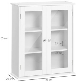 Kleankin Dulap de Baie Suspendat cu 2 Uși din Lemn și Sticlă, Dulap de Perete Multifuncțional, 55x20x65 cm, Alb | Aosom Romania