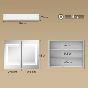 kleankin Oglindă Baie cu Dulap și LED, 80 x 65cm, Ușă Soft Close, Reglabilă pe 3 Culori, Rafturi Ajustabile, Alb Lucios | Aosom Romania