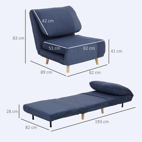 HOMCOM 2 în 1 Fotoliu Extensibil Pat de Oaspeți, cu Pernă Reglabila în Catifea 82 cm x 89 cm x 83 cm Albastru | Aosom Romania