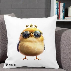 Perna Decorativa Pui Gold Star cu Ochelari Aurii, 40x40 cm, Alba Mata, Husa Detasabila, Perna Inclusa, BEKZ®