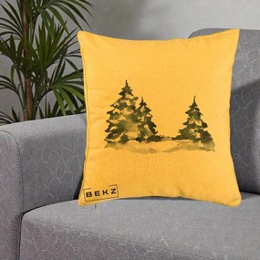 Perna Decorativa Brazi Inzapeziti Acuarela, 40x40 cm, Galben, Husa Detasabila, Perna Inclusa, BEKZ®