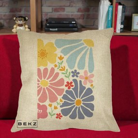 Perna Decorativa Flori Grafice Pastel Multicolor, 40x40 cm, Crem, Husa Detasabila, Perna Inclusa, BEKZ®