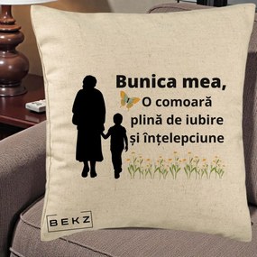 Cadou pentru Bunica - Perna Personalizata Bunica Mea Comoara cu Fluture si Baietel, 40x40 cm, Bej, Husa Detasabila, Perna Inclusa, BEKZ®
