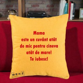Cadou pentru Mama - Perna Personalizata Mama Cuvant Mic, 40x40 cm, Galben, Husa Detasabila, Perna Inclusa, BEKZ®
