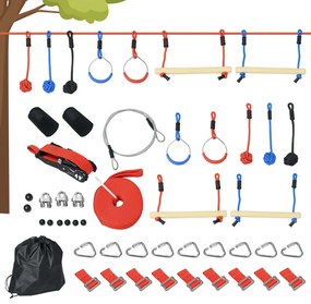 Outsunny Parcurs de obstacole ninja pentru copii, 30 accesorii și sac de transport, slackline 10 m, albastru/negru/roșu | Aosom Romania