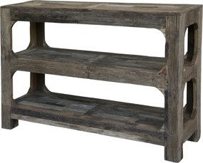 Etajeră din lemn reciclat, natur, cu 2 rafturi și laturi cu arcade, aspect rustic, 80 x 120 x 40 cm, „Grimaud”