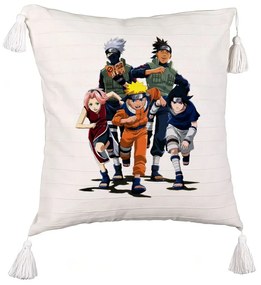 Perna Decorativa cu Franjuri cu Naruto team, 45x45 cm, Ecru, Cu fermoar