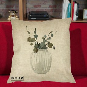 Perna Decorativa Vaza cu Eucalipt Watercolor, 40x40 cm, Crem, Husa Detasabila, Perna Inclusa, BEKZ®