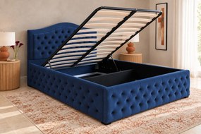 Pat tapițat Chesterfield din catifea Solaria Deluxe 160×200 cm, albastru, cu ladă de depozitare