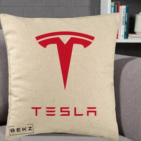 Perna Personalizata cu emblema Tesla, 40x40 cm, Bej, Husa Detasabila, Perna Inclusa, BEKZ®